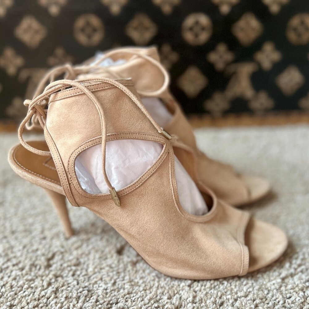 Aquazzura Suede Nude 'Sexy Thing' Heels Tie Ankle Booties, ASO Olivia Palermo